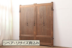 アンティーク建具　ヒノキ材　昭和初期　味わいのある風合いの門扉一対(蔵戸、建具、玄関戸)(R-044900)