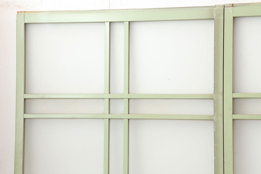 アンティーク建具　昭和中期　すりガラス入り　淡い色合いのペイントが素敵なガラス戸4枚セット(引き戸)(R-044971)