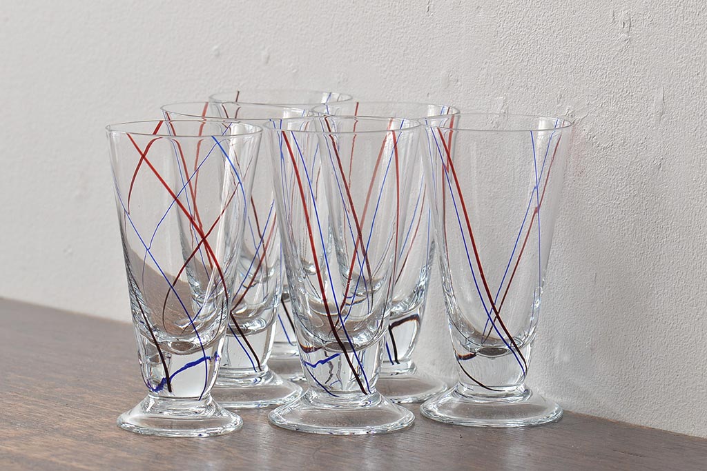 昭和初期　赤青ストライプ　ガラスコップ6個セット(レトログラス、和ガラス)(R-044977)