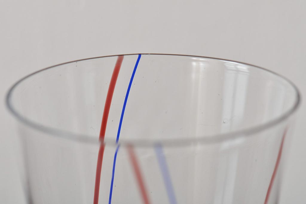 昭和初期　赤青ストライプ　ガラスコップ6個セット(レトログラス、和ガラス)(R-044977)