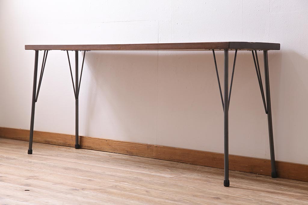 ビンテージ家具　和製　昭和中期　ヒノキ一枚板　古材を活かした鉄脚テーブル(作業台、アイアンテーブル、コンソールテーブル)(R-045001)