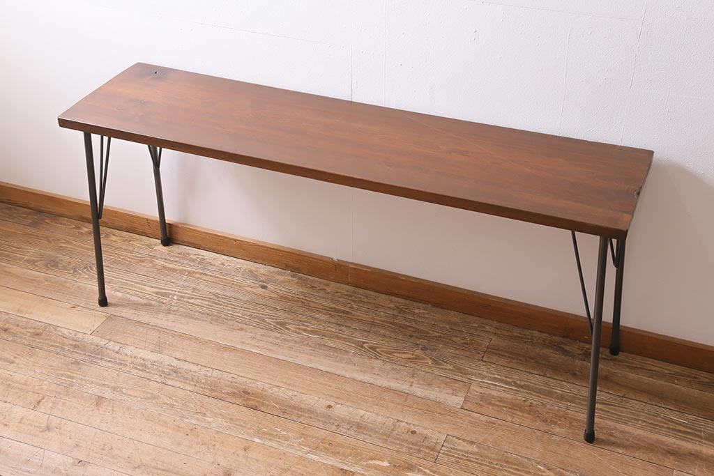 ビンテージ家具　和製　昭和中期　ヒノキ一枚板　古材を活かした鉄脚テーブル(作業台、アイアンテーブル、コンソールテーブル)(R-045001)
