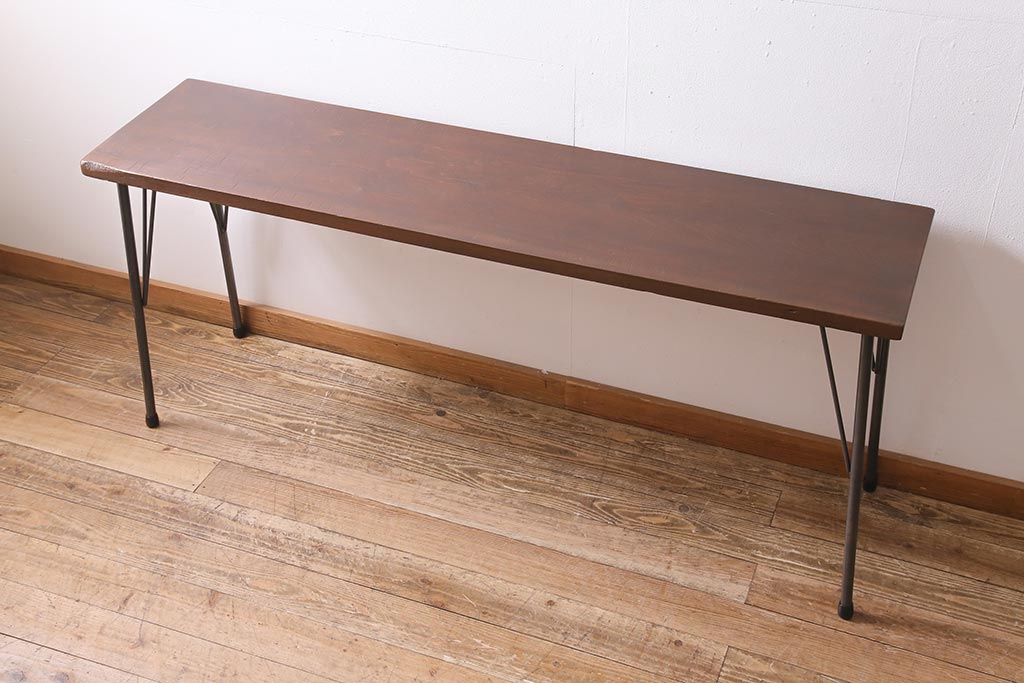 アンティーク家具　和製　昭和初期　桂一枚板　古材を活かしたシンプルな鉄脚テーブル(作業台、アイアンテーブル、コンソールテーブル)(R-045002)