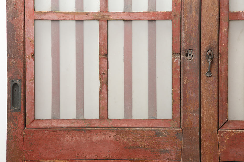 アンティーク建具　昭和中期　ペイント　古びた風合いのペイントが魅力のガラス戸4枚セット(引き戸)(R-045009)