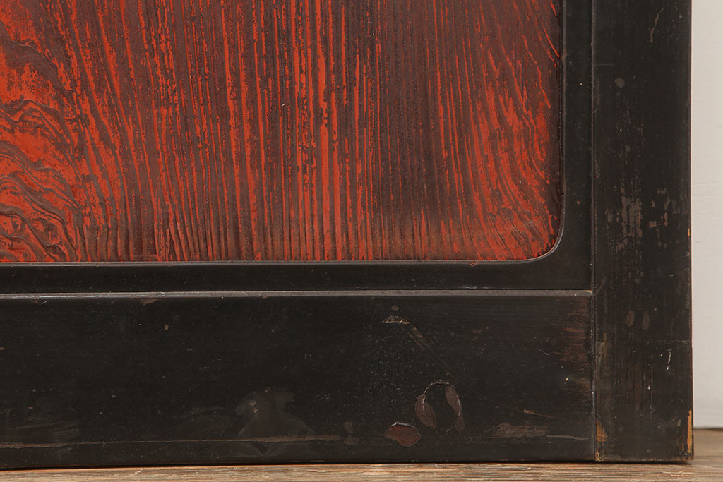アンティーク建具　石川県産　総漆塗り　浮造り仕上げ　バイカラーが目を引く上品なガラス戸2枚セット(引き戸、建具)(R-045044)