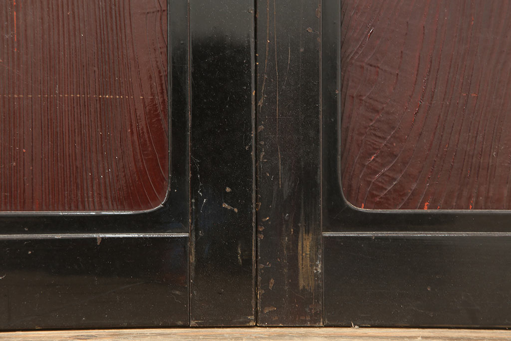 アンティーク建具　石川県産　総漆塗り　浮造り仕上げ　バイカラーが目を引く上品なガラス戸3枚セット(引き戸、建具)(R-045045)