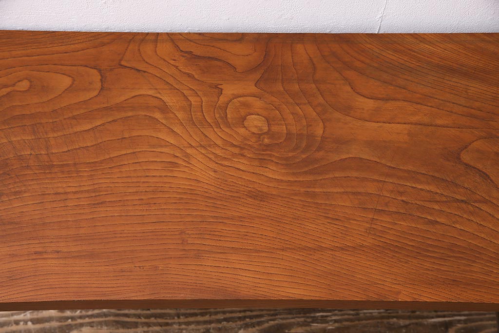 アンティーク家具　古材ケヤキ一枚板　鉄脚リメイク　くっきりとした木目が魅力のサイドテーブル(センターテーブル、ベンチ、飾り台)(R-045081)
