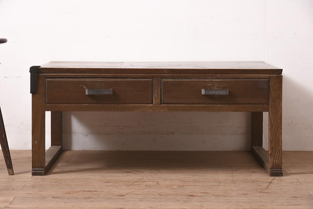 アンティーク家具　昭和中期　栓材　濃い木味のレトロな文机(ローテーブル)(R-045089)