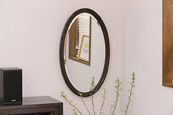 アンティーク雑貨　和製アンティーク　オーク材　オーバル型　品のある佇まいが魅力の壁掛けミラー(ウォールミラー、鏡)(R-045242)