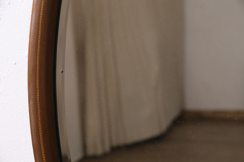 アンティーク雑貨　和製アンティーク　マホガニー材　オーバル型　象嵌入りの壁掛けミラー(ウォールミラー、鏡)(R-045243)