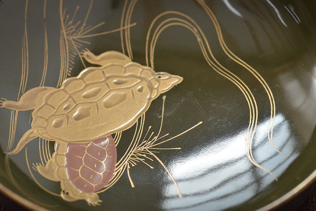 大正〜昭和初期　亀の図　蒔絵　木皿6枚セット(漆器小皿)(R-045316)