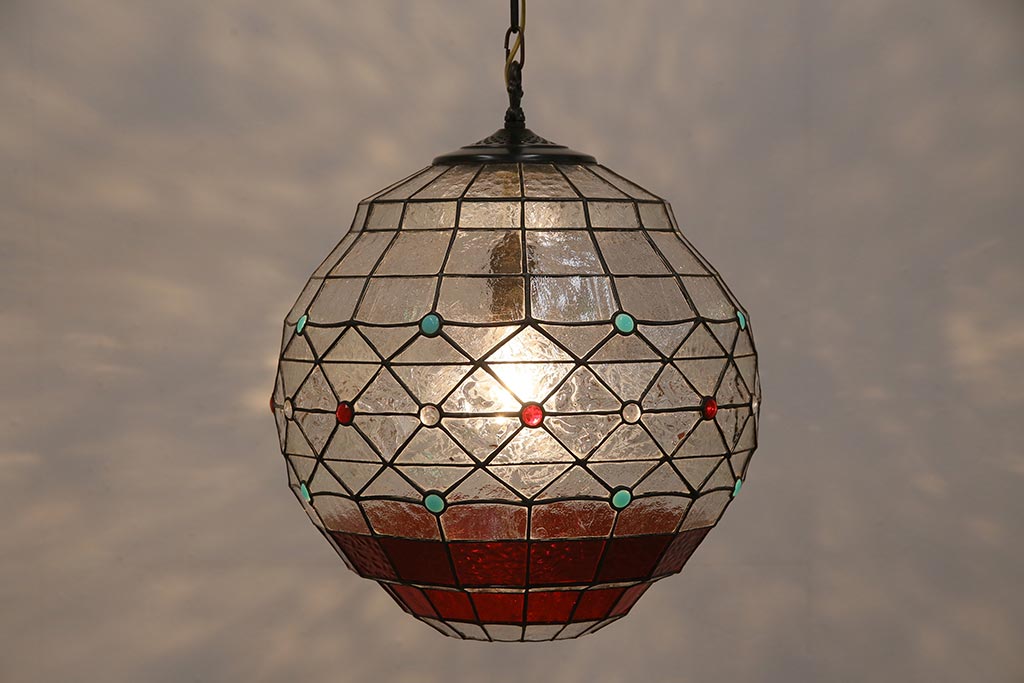 ヴィンテージ照明　イギリスビンテージ　空間をおしゃれに彩るステンドグラスのペンダントライト(吊り下げ照明、天井照明)(R-045331)