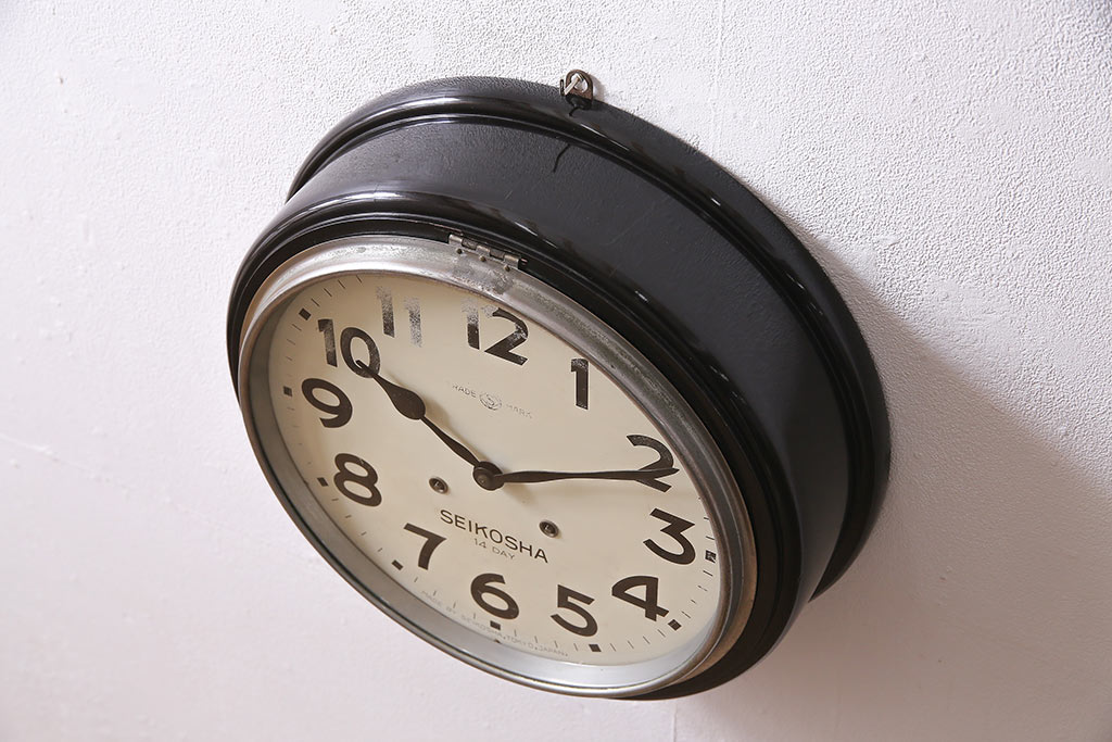 アンティーク時計　昭和初期　SEIKOSHA(精工舎、セイコー)　14DAY　ゼンマイ式　 レトロなトーマス型掛け時計(丸型掛時計、壁掛け時計、柱時計、振り子時計)(R-045347)