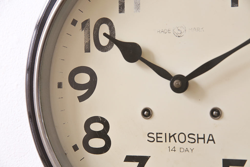 アンティーク時計　昭和初期　SEIKOSHA(精工舎、セイコー)　14DAY　ゼンマイ式　レトロなトーマス型掛け時計(丸型掛時計、壁掛け時計、柱時計、振り子時計)(R-045347)