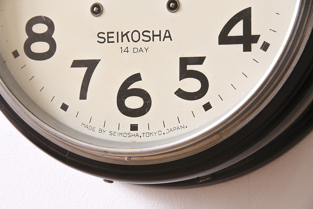 アンティーク時計　昭和初期　SEIKOSHA(精工舎、セイコー)　14DAY　ゼンマイ式　 レトロなトーマス型掛け時計(丸型掛時計、壁掛け時計、柱時計、振り子時計)(R-045347)