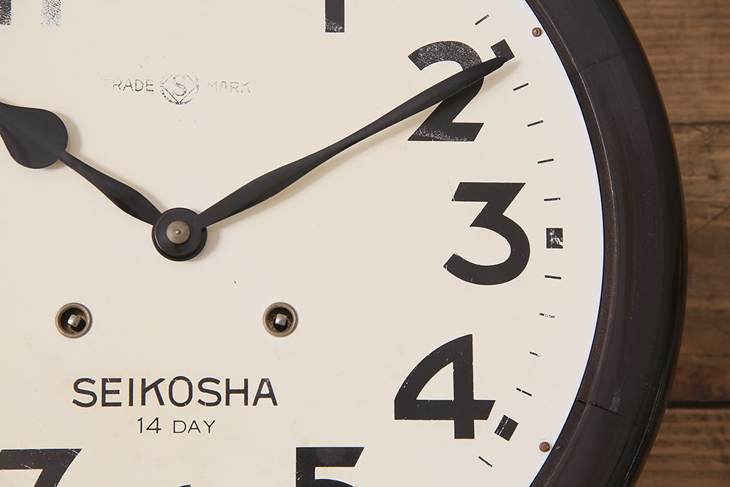 アンティーク時計　昭和初期　SEIKOSHA(精工舎、セイコー)　14DAY　ゼンマイ式　レトロなトーマス型掛け時計(丸型掛時計、壁掛け時計、柱時計、振り子時計)(R-045347)