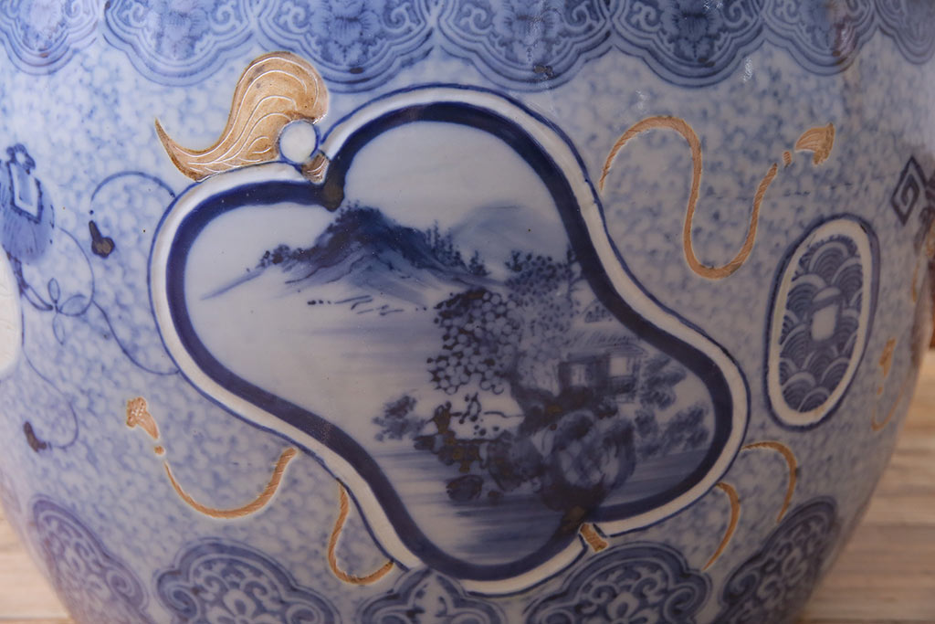 アンティーク雑貨　昭和初期　縁起物の図柄が目を惹く瀬戸火鉢(鉢カバー)(R-045355)