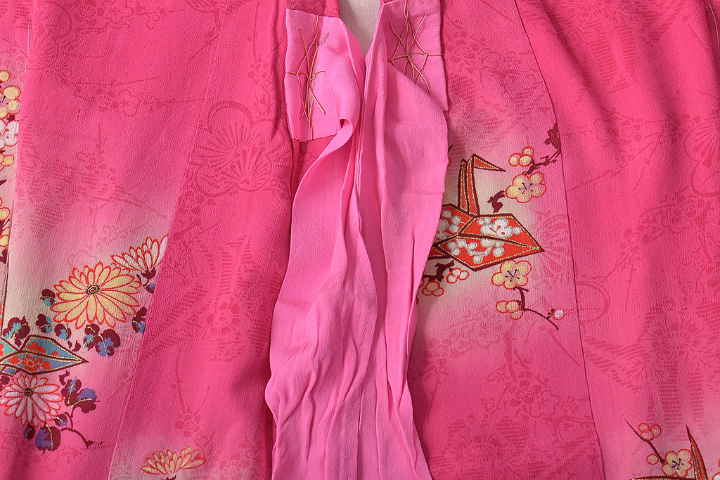 昭和初期　折鶴に花　錦紗縮緬　子供着物(正絹、古布)(R-045365)