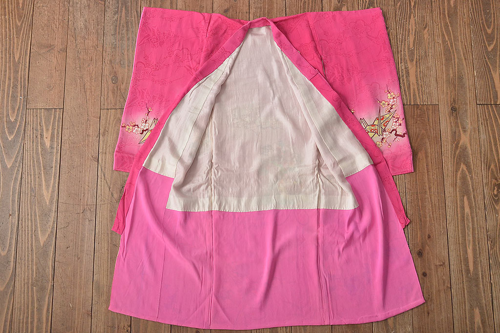 昭和初期　折鶴に花　錦紗縮緬　子供着物(正絹、古布)(R-045365)