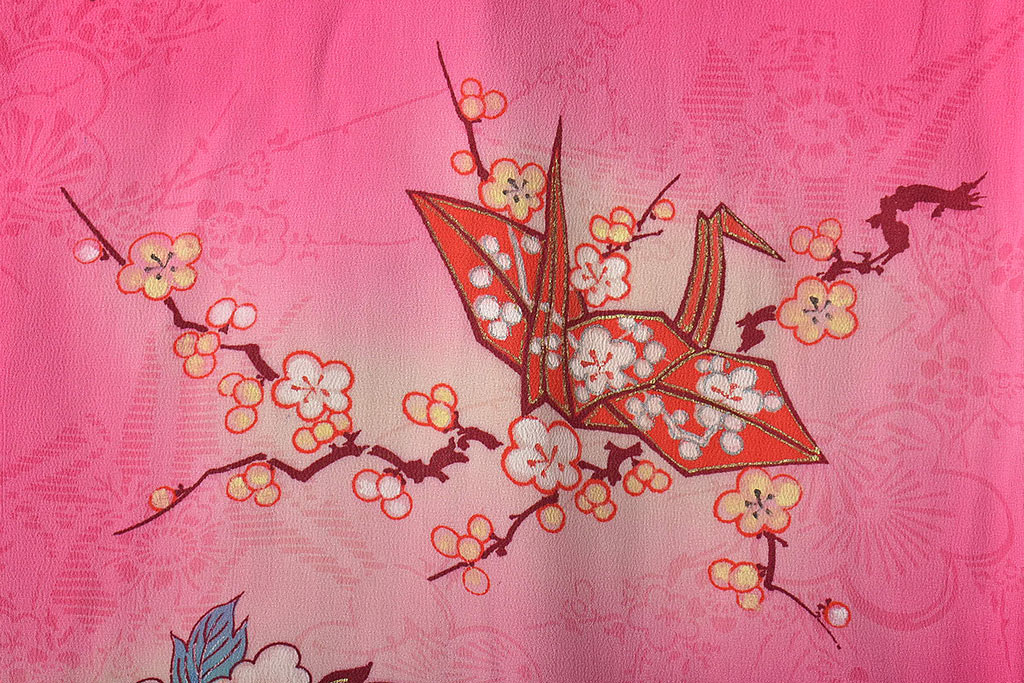 昭和初期　折鶴に花　錦紗縮緬　子供着物(正絹、古布)(R-045365)