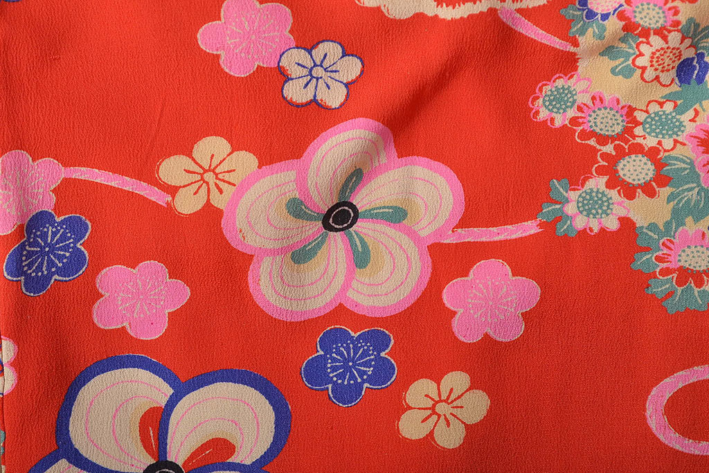 昭和初期 花に宝尽くし 錦紗縮緬 子供着物(正絹、古布)(R-045366