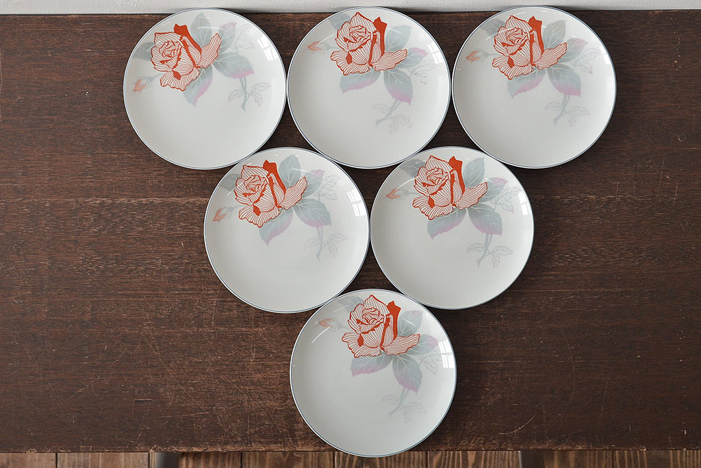 戦前　東洋陶器　薔薇柄　ケーキ皿6枚(TOTO、バラ、プレート)(R-045403)