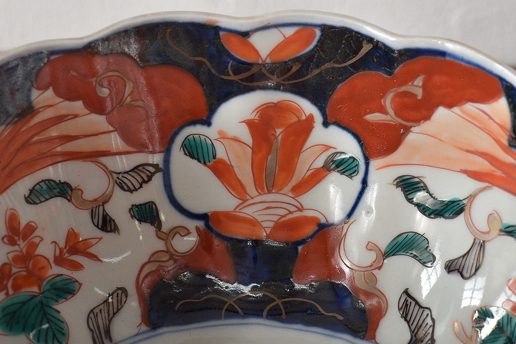 明治期　伊万里焼　花籠図　色絵　深鉢(深皿、和食器)(R-045404)