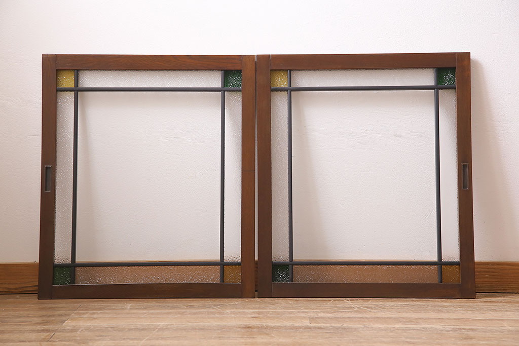 ラフジュ工房オリジナル　古建具リメイク　引き出し付き　色ガラス・レトロガラスが魅力のサイドボード(ガラス戸棚、収納棚、キャビネット)(R-045418)