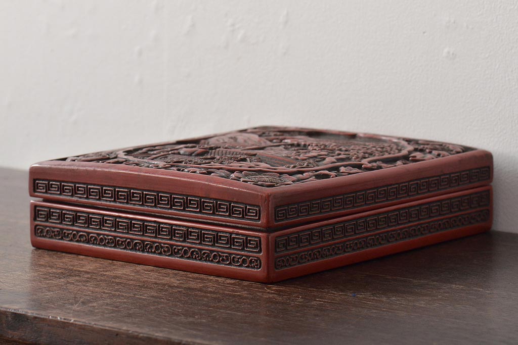 明治〜大正　古い硯箱(堆朱?、木製、彫刻、楼閣、山水)(R-045484)