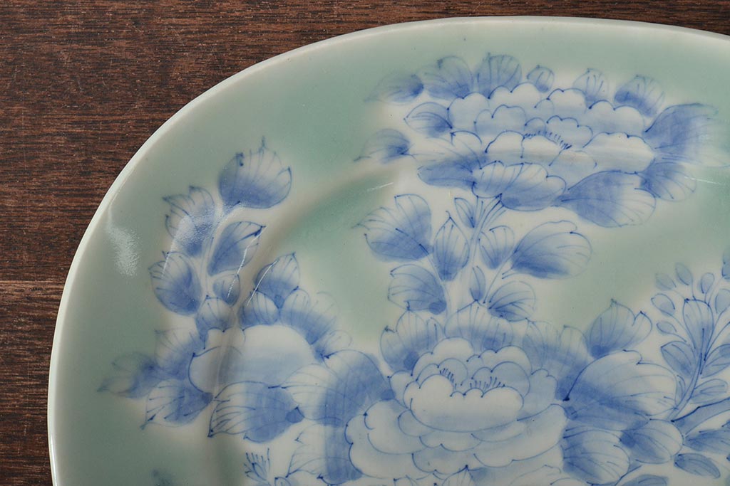 明治期　花籠図　染付　楕円皿(伊万里焼、和食器)(R-045489)