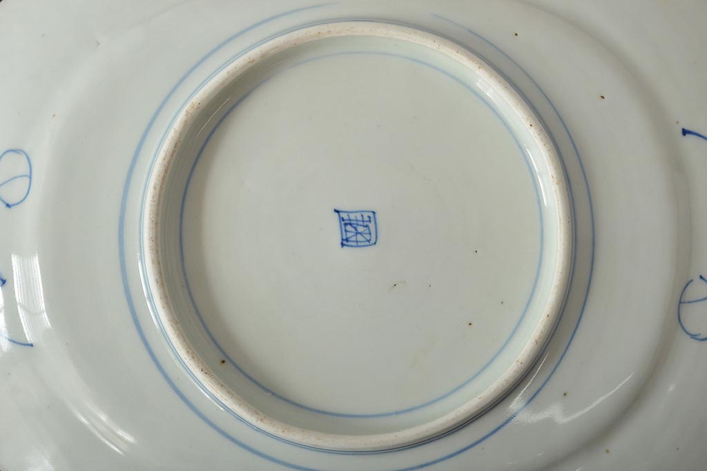 明治期　花籠図　染付　楕円皿(伊万里焼、和食器)(R-045489)