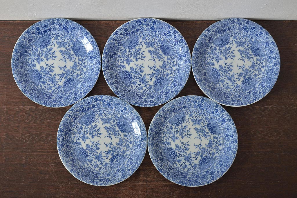 大正〜昭和初期　花蝶文6寸印判皿5枚(伊万里焼、和食器)(R-045526)