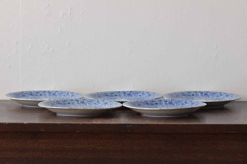 大正〜昭和初期　花蝶文6寸印判皿5枚(伊万里焼、和食器)(R-045527)
