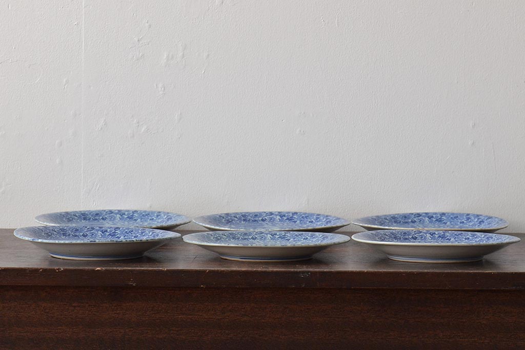 大正〜昭和初期　花蝶文6寸印判皿6枚(伊万里焼、和食器)(R-045529)