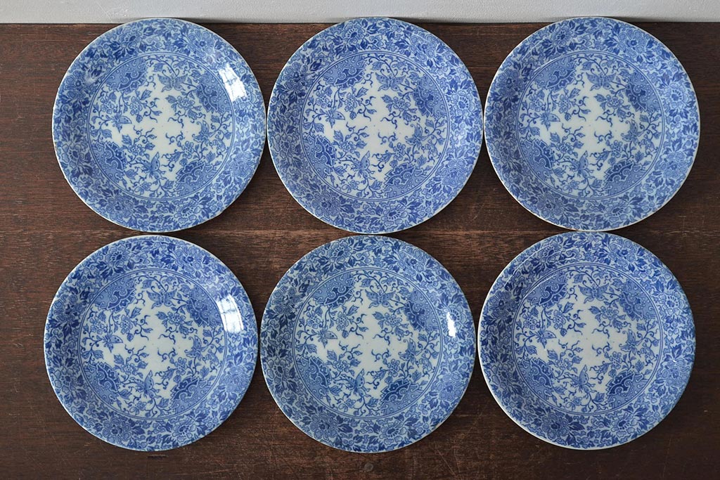 大正〜昭和初期　花蝶文6寸印判皿6枚(伊万里焼、和食器)(R-045529)