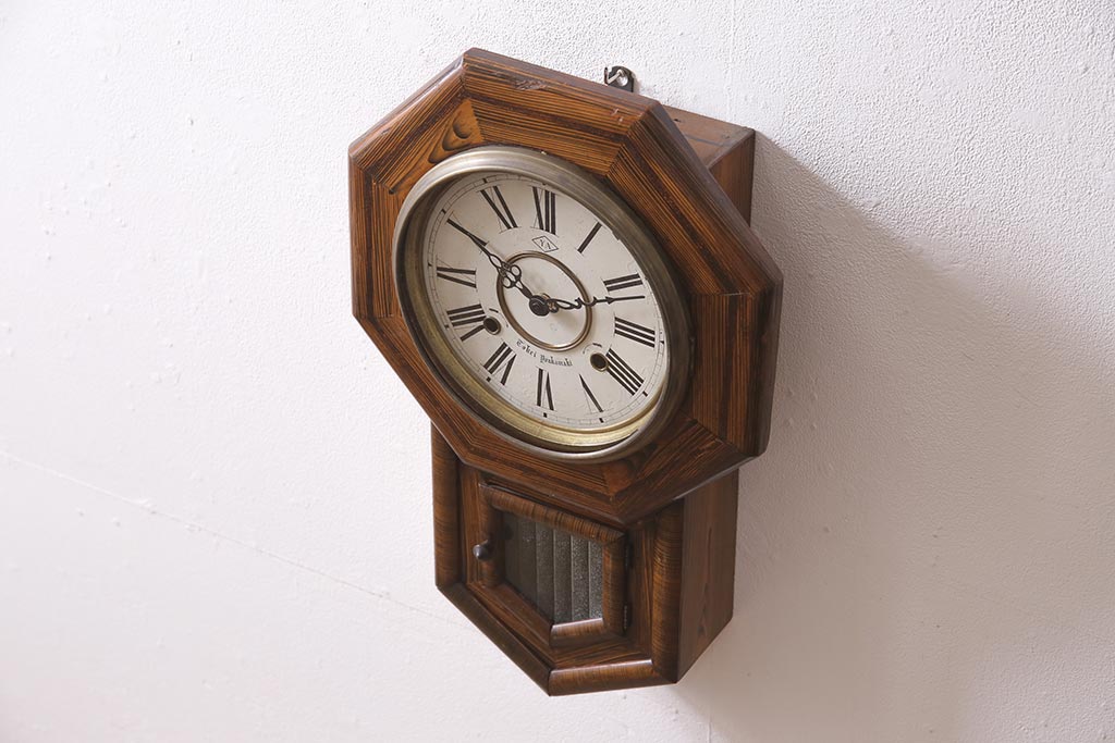 アンティーク時計　明治　山田時計(山田時計製造工場)　YA印　電池式　八角合長型の柱時計(掛時計、八角柱時計、八角時計)(R-045563)