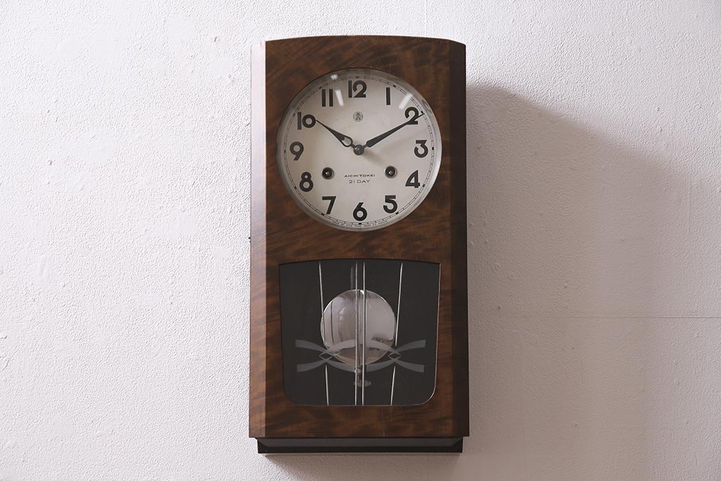 アンティーク時計　昭和中期　愛知時計電機(アイチ、AICHI)　ゼンマイ式　21DAY　柱時計(振り子時計、掛け時計)(R-045564)