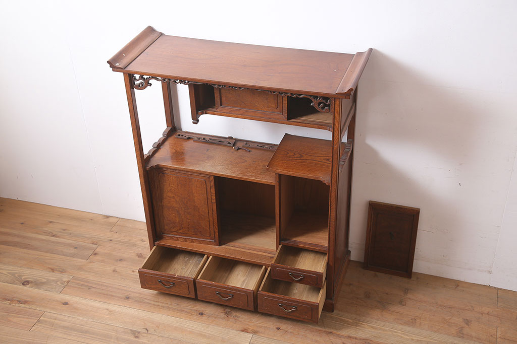 アンティーク家具　指物家具　ケヤキ材　漆塗り　飾り棚(飾棚)(R-045709)