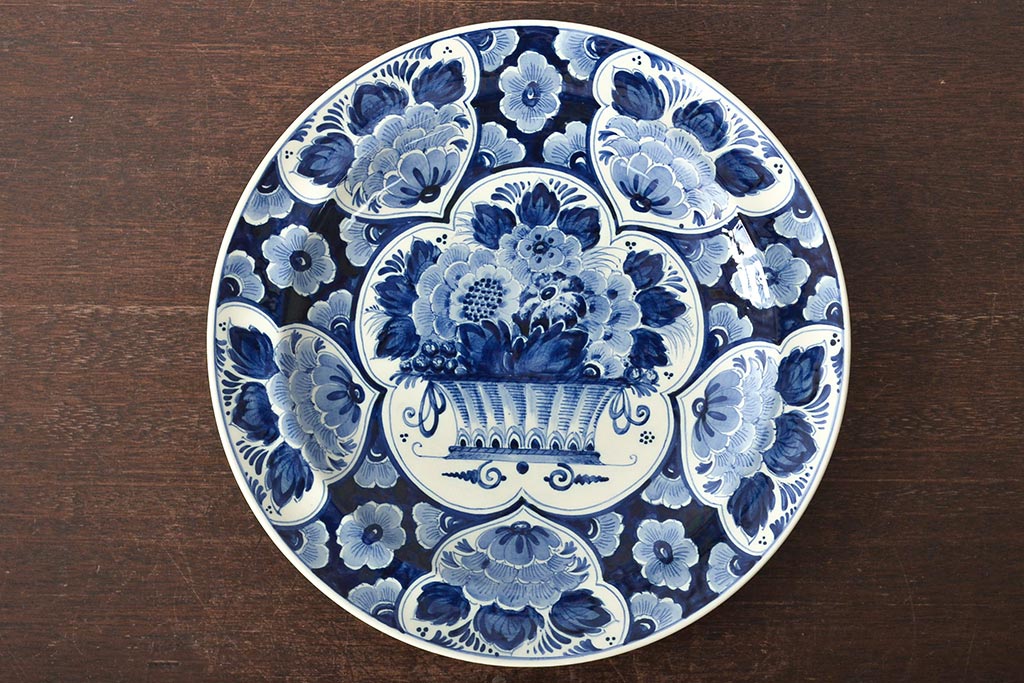 オランダ　DELFT(デルフト)　ブルーハンドペイント　花絵　花籠図　プレート35cm(洋食器、大皿)(R-045724)