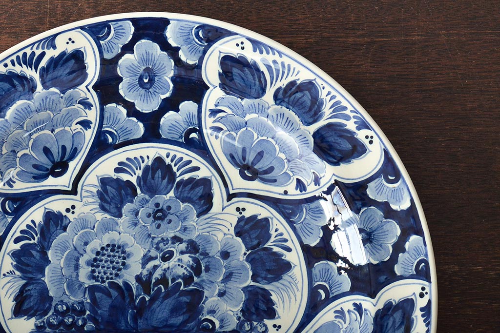 オランダ　DELFT(デルフト)　ブルーハンドペイント　花絵　花籠図　プレート35cm(洋食器、大皿)(R-045724)