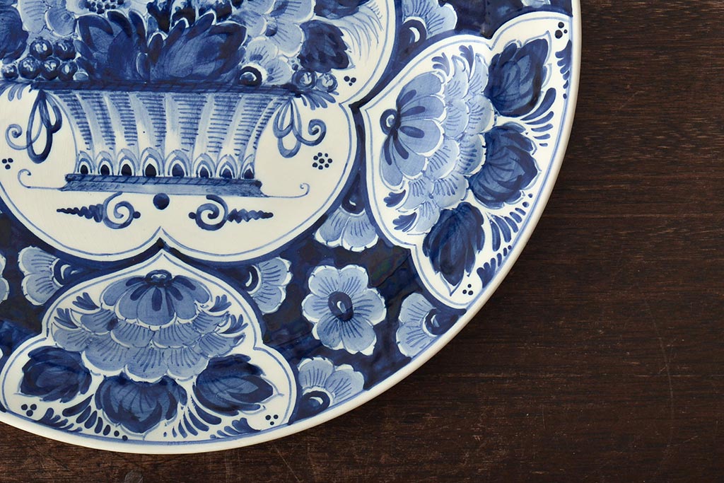 オランダ　DELFT(デルフト)　ブルーハンドペイント　花絵　花籠図　プレート35cm(洋食器、大皿)(R-045724)