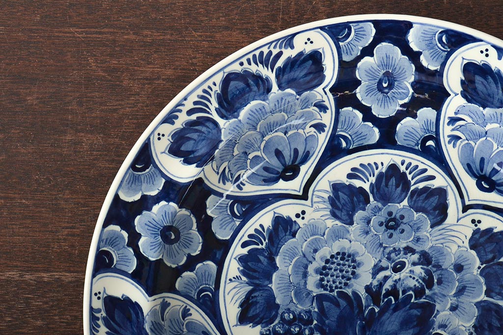 オランダ　DELFT(デルフト)　ブルーハンドペイント　花絵　花籠図　プレート35cm(洋食器、大皿)(R-045724)