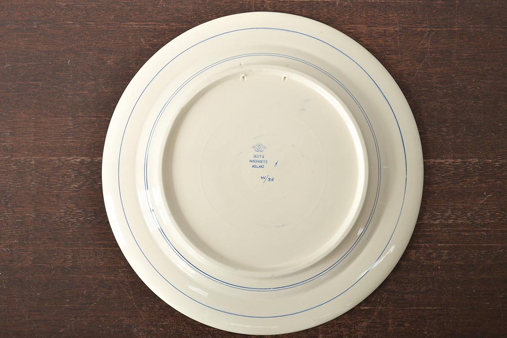 オランダ　DELFT(デルフト)　ブルーハンドペイント　花絵　花籠図　プレート35cm(洋食器、大皿)(R-045724)