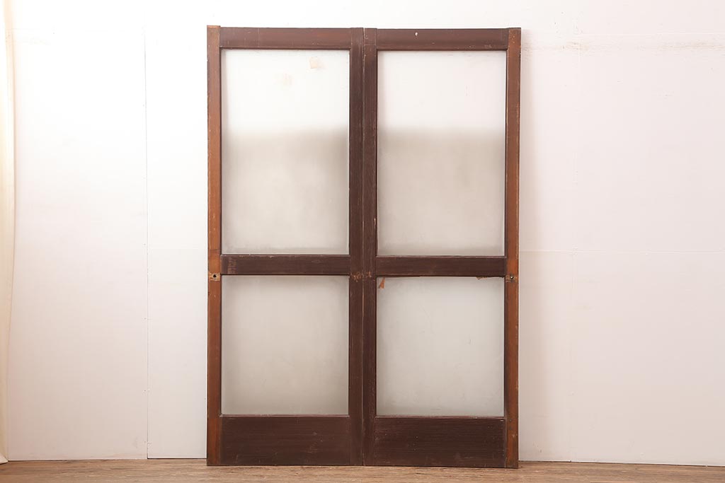 レトロ建具　昭和中期　シンプルなデザインで合わせやすいガラス戸2枚セット(引き戸)(R-045843)