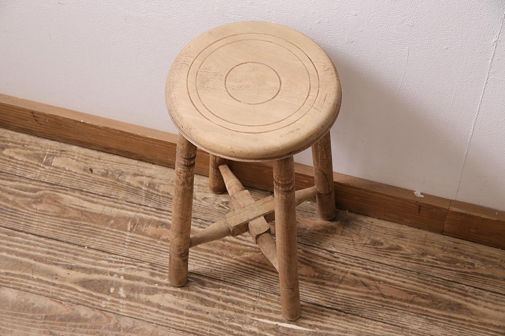 アンティーク家具　昭和初期　ストリップド(剥離)　ブナ材　レトロな木製スツール(椅子、チェア)(R-045859)