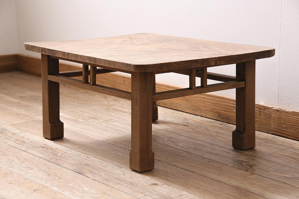 アンティーク家具　ストリップド(剥離)　総ケヤキ材　杢目が美しい平机(座机)(R-045958)