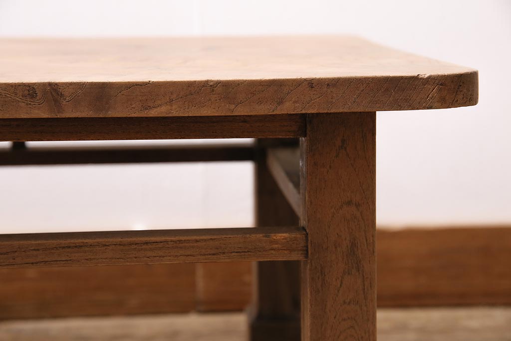 アンティーク家具　ストリップド(剥離)　総ケヤキ材　杢目が美しい平机(座机)(R-045958)