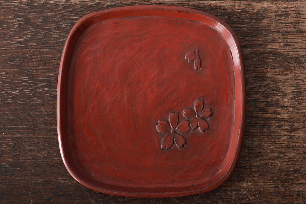 鎌倉彫木製銘々皿8枚　大阪屋軽井沢彫トレー(長皿、在銘)(R-045966)