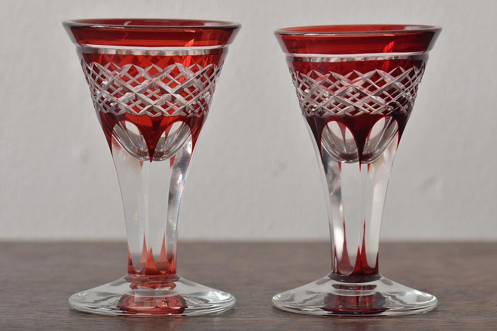 切子　赤紫黄色　グラス4客セット(タンブラー、コップ、盃、工芸ガラス、硝子)(R-045975)