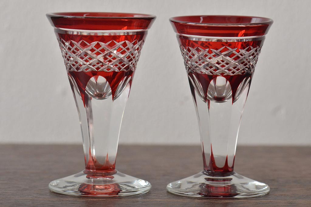 切子　赤紫黄色　グラス4客セット(タンブラー、コップ、盃、工芸ガラス、硝子)(R-045975)